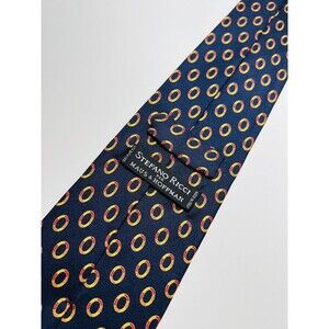 Stefano Ricci Dark Blue Silk Luxury Tie w Red,Gold&Orange Rings 60.5x3.75”